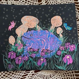 Unframed Original Art Gel Pen on Black Paper Cute Frog Drawing Illustration